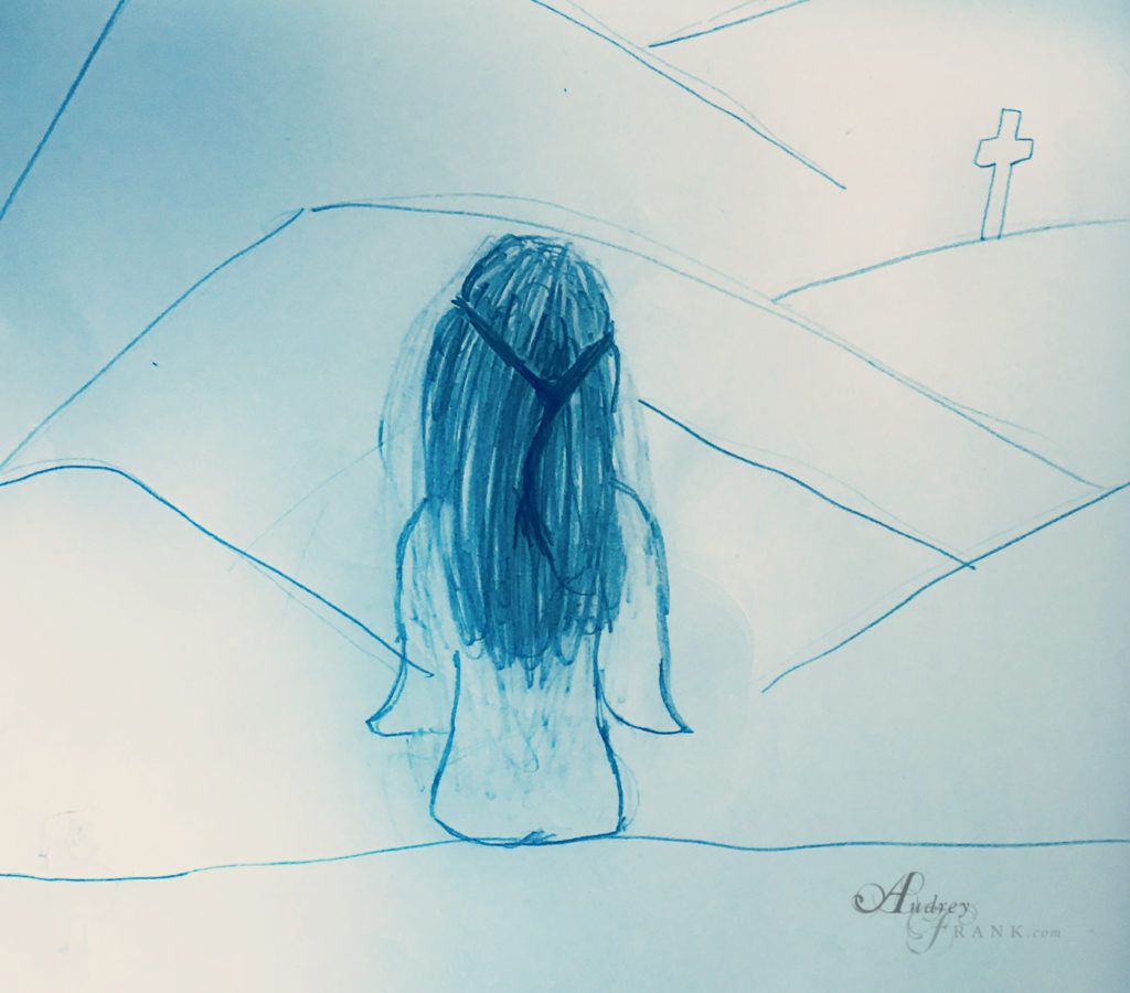 Child's sketch of a girl looking out over hills with a cross in the distance.
